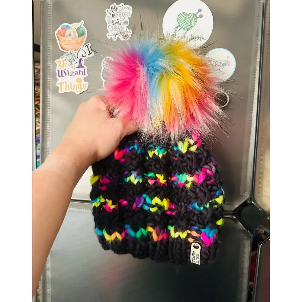 Hand Knit Merino Wool Beanie: Twist Knit Hat with Faux Fur Pom
